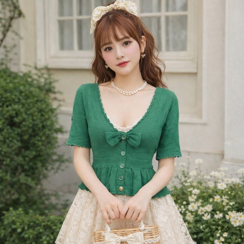 Knitted & Knotted Kelly  Green Wool Mohair Blend Short Sleeve Bow Cardigan XS